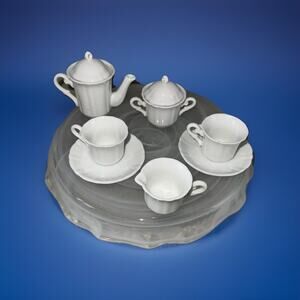 Vtg Dollhouse Miniature White Tea Set 10 Pcs Porcelain Kosta Boda Art Glass Dish